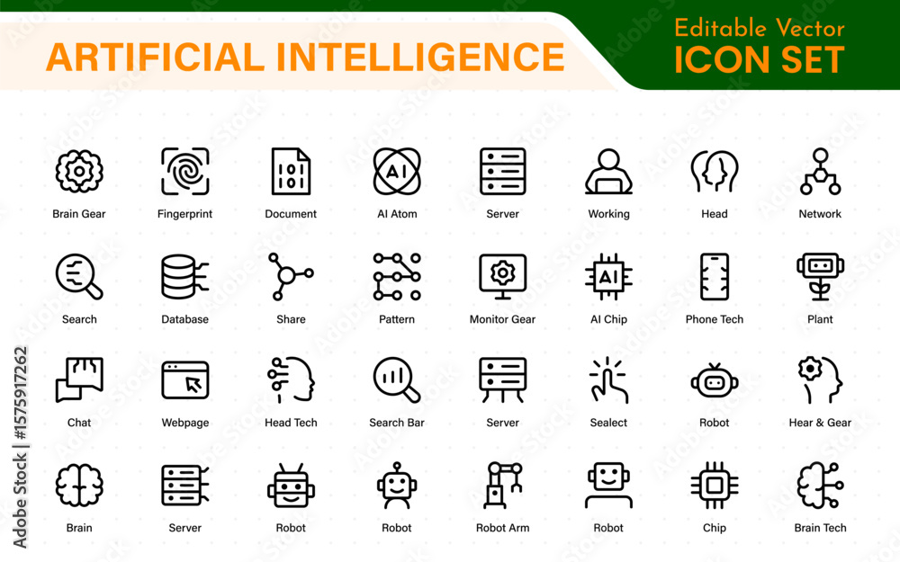 Poster artificial intelligence essentials vector icon pack. machine learning, algorithms, smart devices, an
