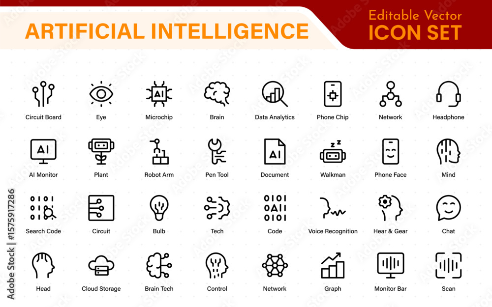 Poster artificial intelligence essentials vector icon pack. machine learning, algorithms, smart devices, an