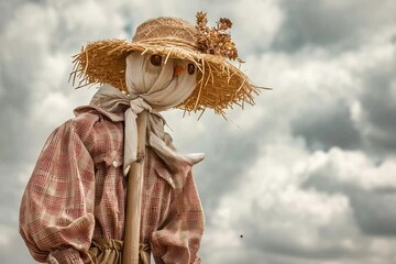 Rustic Scarecrow in a Field. A strong wind blew and the scarecrow began to spin slowly.