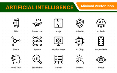 Artificial Intelligence Essentials Vector Icon Pack. Machine Learning, Algorithms, Smart Devices, and Future Tech Symbols in Outline Design.