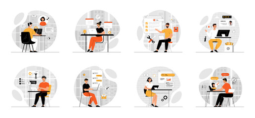 Bundle of Customer Support concepts with people scene in flat cartoon design. Collection work with men and women. Hotline operators consult customers.  Vector illustration