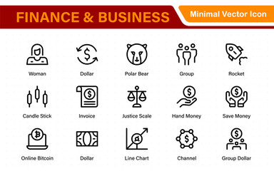 Finance and Business Icon Pack in Flat Outline Style. Includes Pixel-Perfect Vector Icons for Money Management, Financial Planning, Taxation, E-Commerce, and Corporate Strategy.