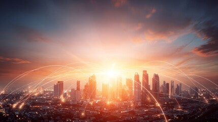 Futuristic smart city skyline with glowing digital connections, illustrating global communication network, data flow, cloud technology, internet of things and intelligent urban infrastructure at night