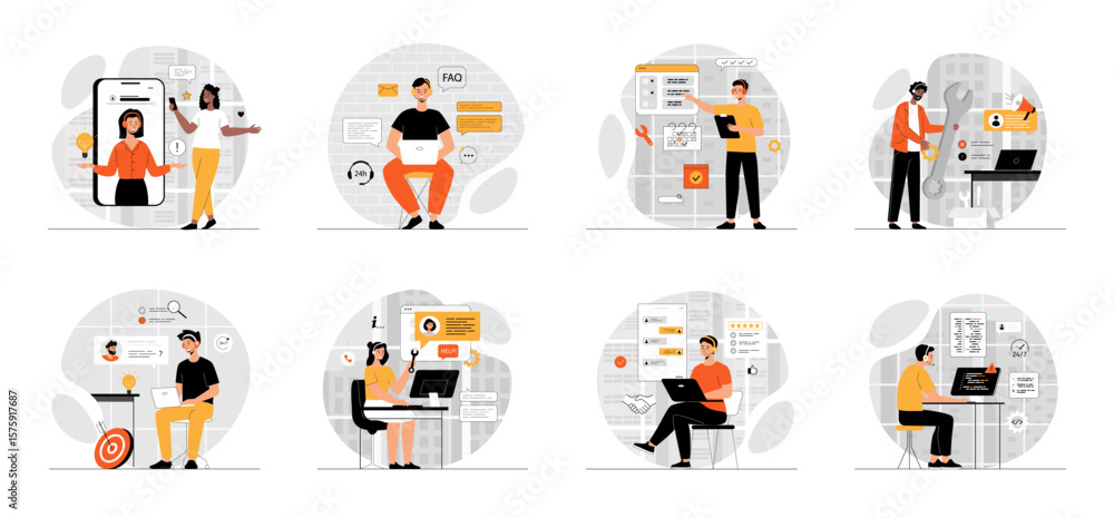 Poster bundle of technical support service concepts with people scene in flat cartoon design. collection wo