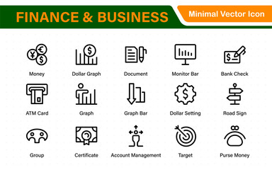 Finance and Business Icon Pack in Flat Outline Style. Includes Pixel-Perfect Vector Icons for Money Management, Financial Planning, Taxation, E-Commerce, and Corporate Strategy.