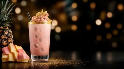 Refreshing Pineapple Drink Garnished with Pine Slice and Green Leaves