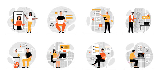 Bundle of Technical Support Service concepts with people scene in flat cartoon design. Collection work with men and women. Call center agents working on  on the support hotline. Vector illustration