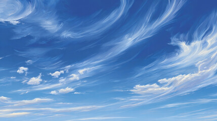 A beautiful blue sky with soft, swirling clouds fills the frame.