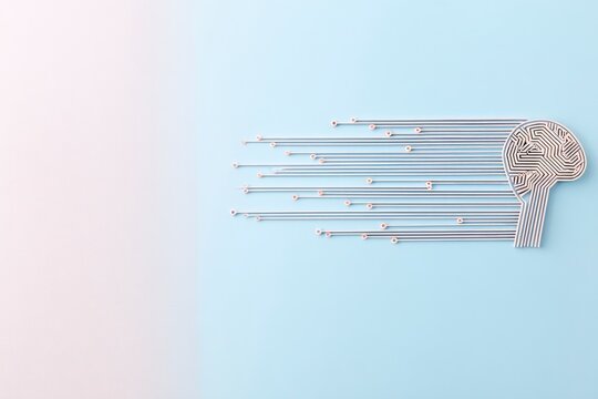 Futuristic artificial intelligence neural network concept showcasing metallic brain circuitry streaming data connections across modern light blue digital technology background.