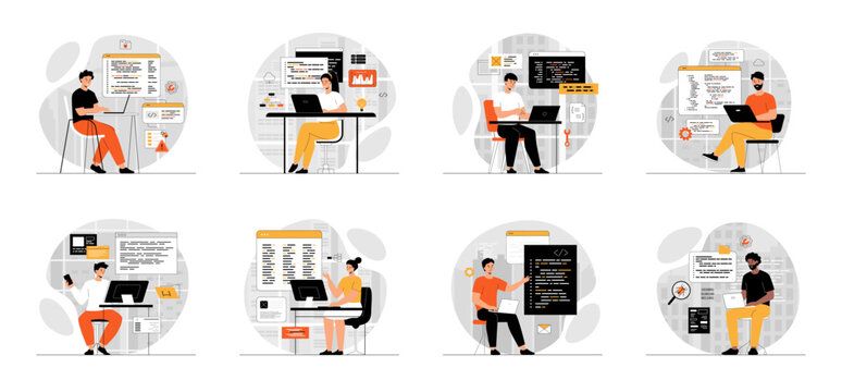Bundle of Software Development Programming Coding concepts with people scene in flat cartoon design. Collection work with men and women. Developers working on computer and creating programs, coding. 