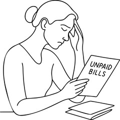 Woman looking worried while holding unpaid bills in her hand  