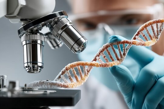 Advanced genetic research: scientist examines DNA double helix under high-powered microscope in biotech lab, propelling molecular biology genome sequencing innovations.