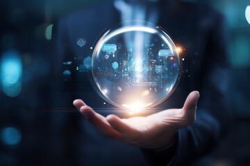 Cutting-edge digital innovation orb visualizes real-time data analytics, smart city integration, AI-driven insights, secure blockchain finance transformation, futuristic technology solutions.