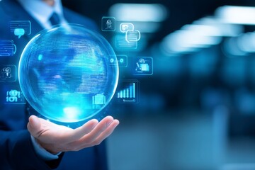 Futuristic business executive showcasing advanced holographic globe with IoT connectivity, cloud computing, data analytics, cybersecurity integration driving global digital transformation.