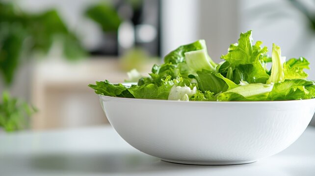 Ultra-realistic ceramic bowl with fresh salad on a white countertop for custom branding or graphic overlays