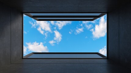 Fototapeta premium Modern architectural building with metal wall panels and transparent ceiling structure, showing open sky above. 3D rendered design concept for office, residential space, or commercial facade