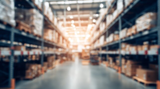 Blurred warehouse aisle background with tall industrial shelves filled with wood materials and construction supplies in a large wholesale storehouse. Logistic distribution and inventory concept
