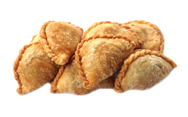 Homemade golden, flaky curry puffs or karipap in Thai, isolated on white background. Concept, traditional snack perfect for food styling, bakery menus, or cultural food.                          