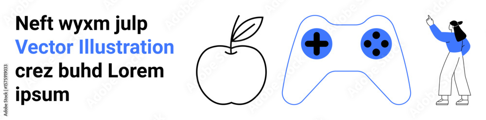 Poster simple apple sketch, gaming controller with buttons, person gesturing toward text. ideal for learnin