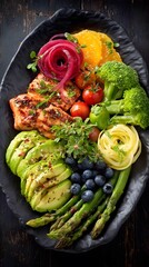 Colorful dish with grilled salmon, avocado, asparagus, oranges, and blueberries. Dark wooden backdrop accentuates the bold flavors. Perfect for gourmet health blogs or recipes.