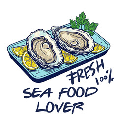 Fresh oyster print. Eat more fruit. Oyster club print design. Lemon artwork.
