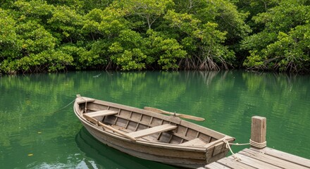 Tranquil wooden boat on calm emerald water, lush mangrove forest