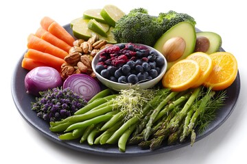 Lively healthy plate with broccoli, avocado, carrots, oranges, and blueberries with nuts. Clean background showcases the fresh assortment. Ideal for healthy lifestyle posts or recipes.