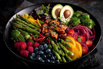 Vibrant bowl with grilled salmon, avocado, asparagus, broccoli, berries, and peppers. Dark backdrop highlights fresh colors. Ideal for food blogs or wellness themes.