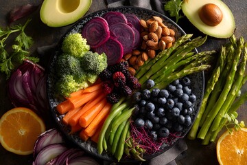 Bright healthy bowl featuring broccoli, avocado, carrots, oranges, and blueberries with almonds. Dark surface highlights the vivid mix. Great for fitness diets or food photography.