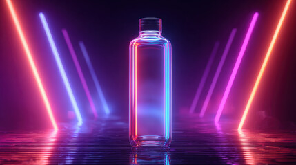 Floating matte bottle outlined in shifting neon lights, futuristic product advertisement concept