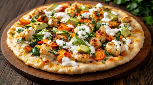 Delicious Gourmet Pizza Topped with Chicken Avocado and Fresh Vegetables