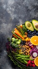 Vibrant healthy bowl with broccoli, avocado, carrots, oranges, blueberries, and raspberries. Dark backdrop enhances vivid colors. Perfect for wellness blogs or healthy eating.