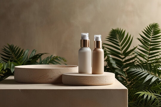Beige-toned display of cosmetic bottles, featuring a natural aesthetic with plants.