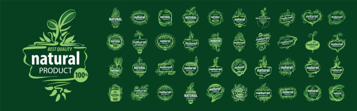 A large set of vector logos of a natural product, hand-drawn