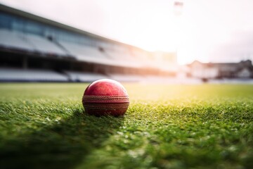 Red leather cricket ball resting on lush green pitch in stadium at sunrise, showcasing iconic cricket equipment for match preparation.