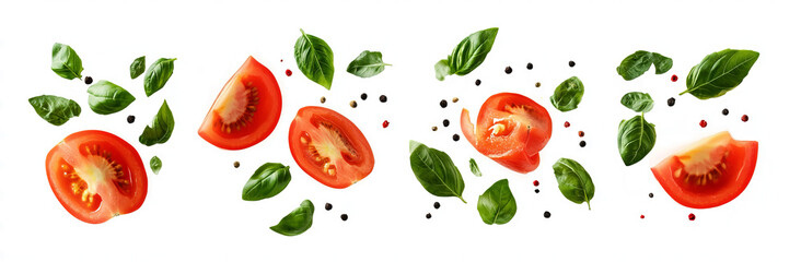 sliced tomatoes and basil leaves flying in the air on a transparent background