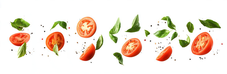 sliced tomatoes and basil leaves flying in the air on a transparent background