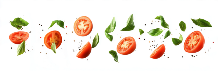 sliced tomatoes and basil leaves flying in the air on a transparent background