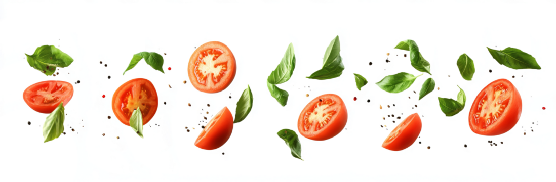 sliced tomatoes and basil leaves flying in the air on a transparent background