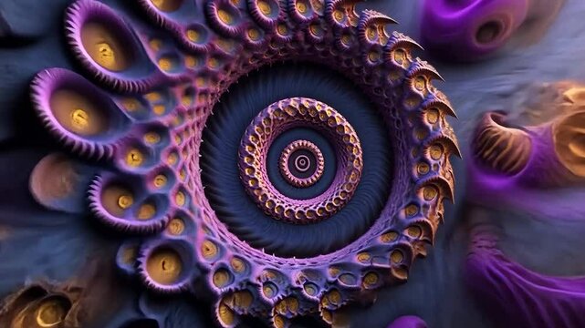 Abstract spiral with textured, purple and gold patterns