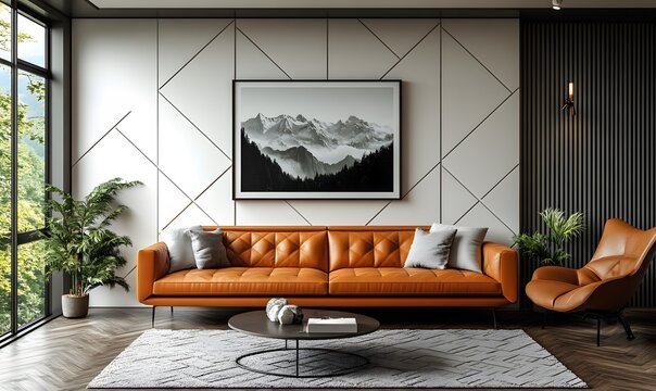 Modern living room with orange leather sofa, mountain artwork, a - Powered by Adobe