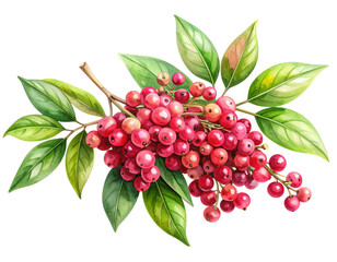 Watercolor Illustration of Pink Peppercorn Cluster with Leaves – Transparent PNG