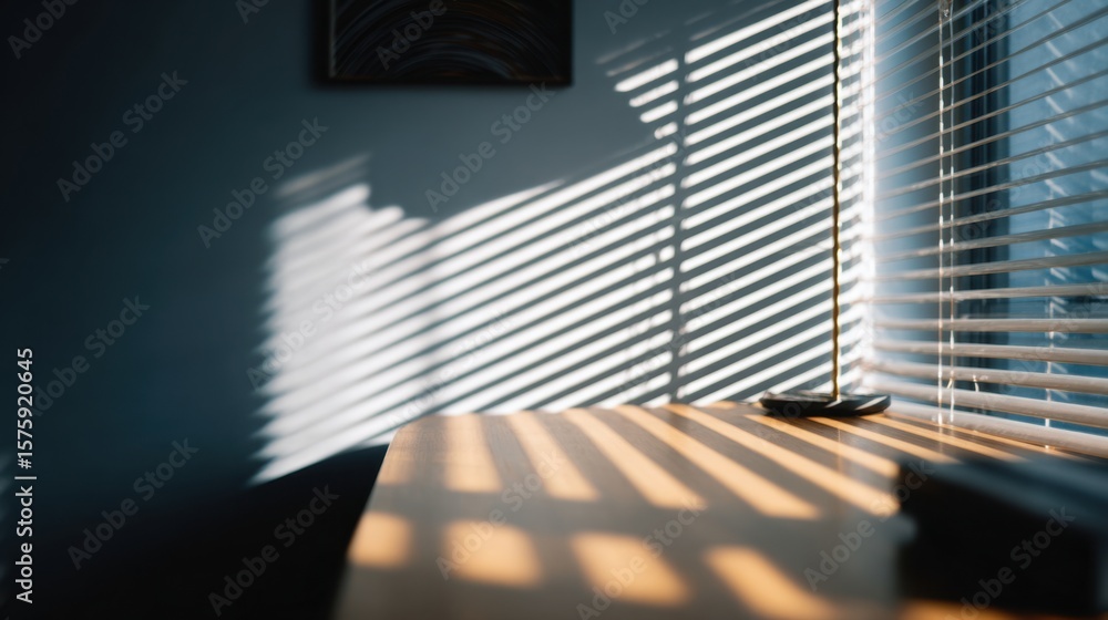 Poster light and shadow dance: dramatic interplay of light and shadow cascades across a desk and wall, cast