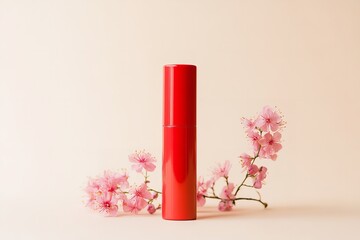 A notion of bloom-infused care and beauty aid is depicted by erect red lip balm with array of pink blooms over pale beige setting, Generative AI.