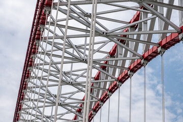 Fototapeta premium steel beams is bolted down. Close-up shows the connection of the metal powerful straight crossbar, bridge connection, iron architecture, in Chongqing, China