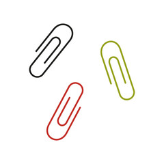 Paper clip icon set. Office paper clip in black, red, green colors. School supplies. Stationery elements. Vector Illustration isolated on white.