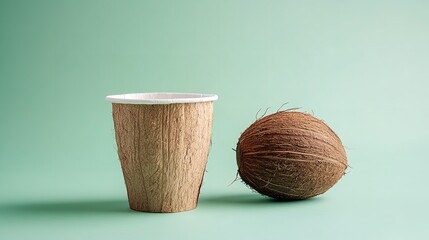 A coconut over pale green setting with disposable cup made from coconut husks depicting ecology and reduction in polluted soil, Generative AI.
