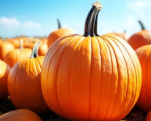 Close up of pumpkins growing in a sunny field