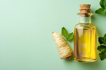 Horseradish over pale green setting with horseradish essential oil in tiny bottle depict opulence nature gain items and medical lovely hue, Generative AI.