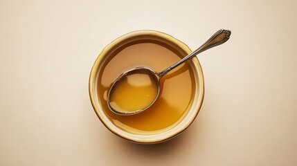 A pale beige setting depict dish of honey butter sauce and metal spoon depict notion of sweet condiments and useful delish food, Generative AI.
